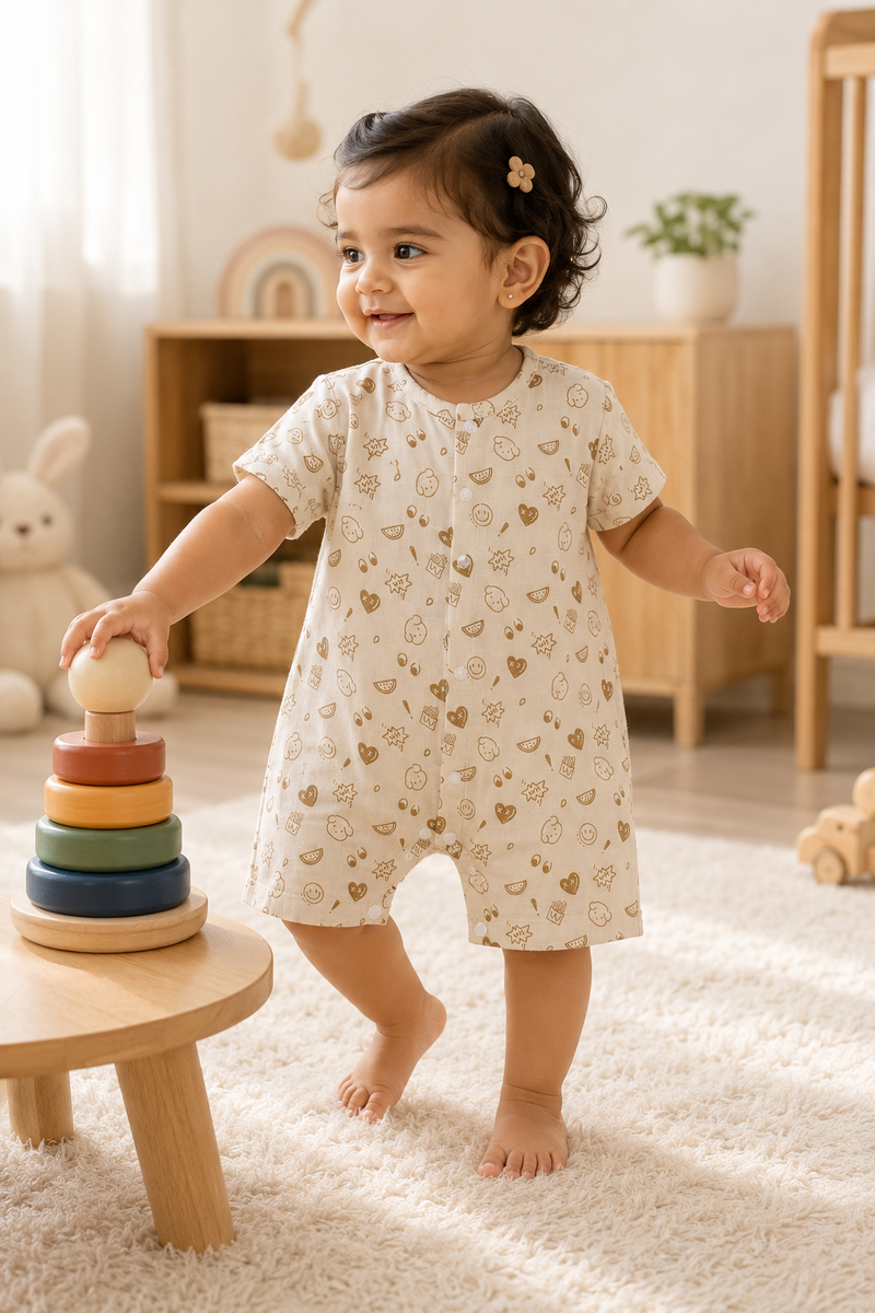 Beige Bear | Short Sleeves | Unisex Romper Bodysuit | 100% Cotton Muslin for 0 to 2 Yrs