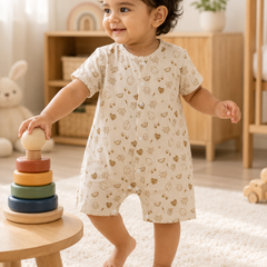 Beige Bear | Short Sleeves | Unisex Romper Bodysuit | 100% Cotton Muslin for 0 to 2 Yrs