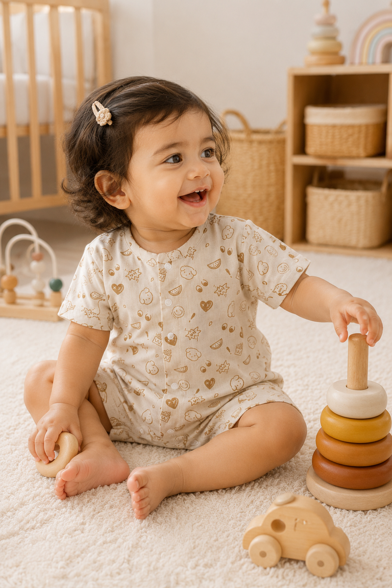 Beige Bear | Short Sleeves | Unisex Romper Bodysuit | 100% Cotton Muslin for 0 to 2 Yrs