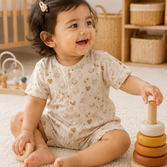 Beige Bear | Short Sleeves | Unisex Romper Bodysuit | 100% Cotton Muslin for 0 to 2 Yrs