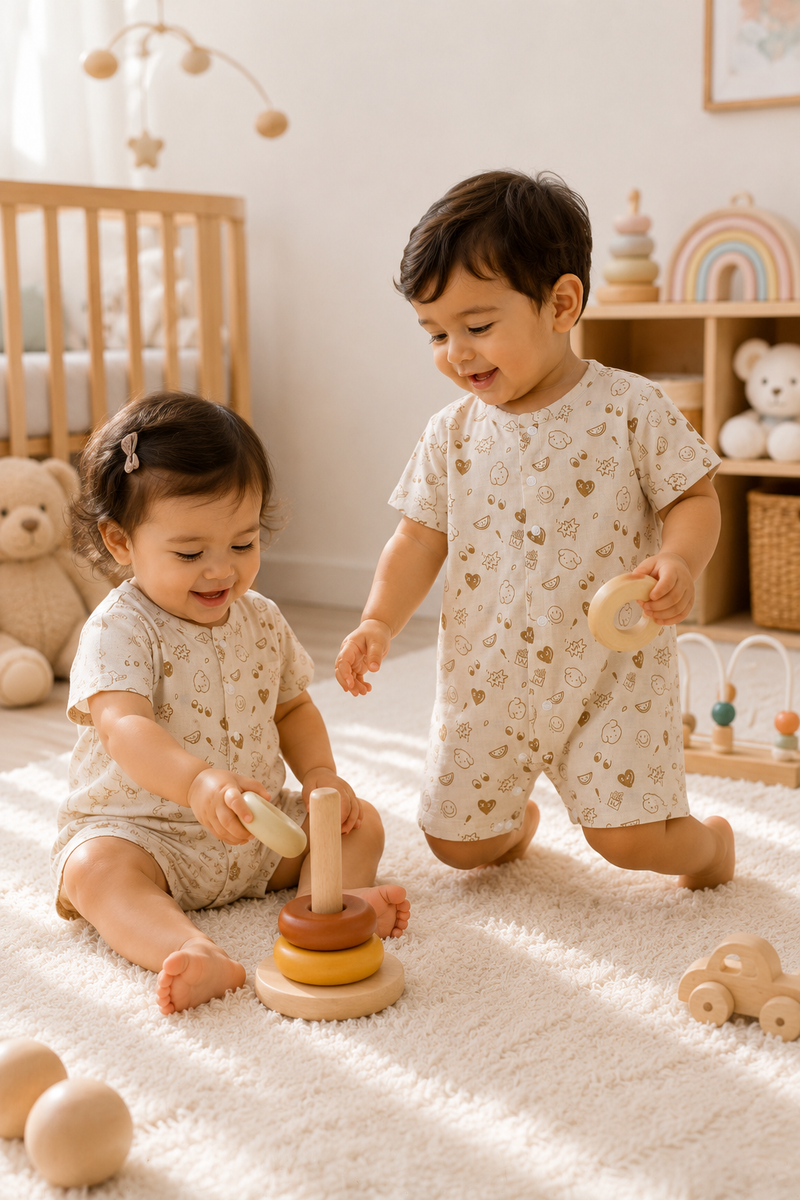 Beige Bear | Short Sleeves | Unisex Romper Bodysuit | 100% Cotton Muslin for 0 to 2 Yrs