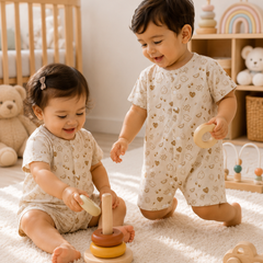 Beige Bear | Short Sleeves | Unisex Romper Bodysuit | 100% Cotton Muslin for 0 to 2 Yrs