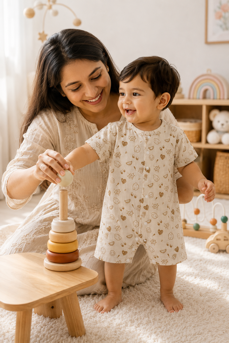 Beige Bear | Short Sleeves | Unisex Romper Bodysuit | 100% Cotton Muslin for 0 to 2 Yrs