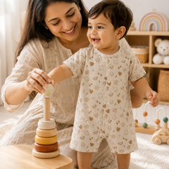 Beige Bear | Short Sleeves | Unisex Romper Bodysuit | 100% Cotton Muslin for 0 to 2 Yrs