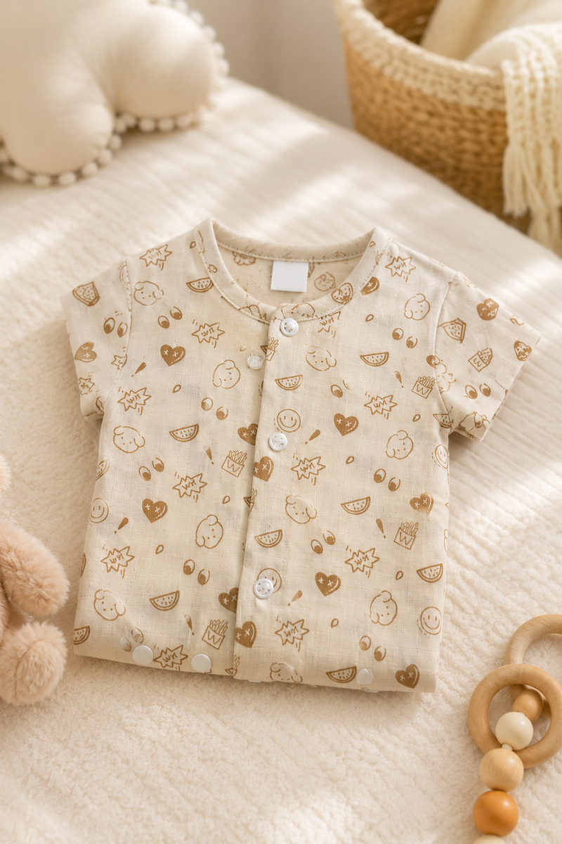 Beige Bear | Short Sleeves | Unisex Romper Bodysuit | 100% Cotton Muslin for 0 to 2 Yrs
