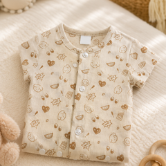 Beige Bear | Short Sleeves | Unisex Romper Bodysuit | 100% Cotton Muslin for 0 to 2 Yrs
