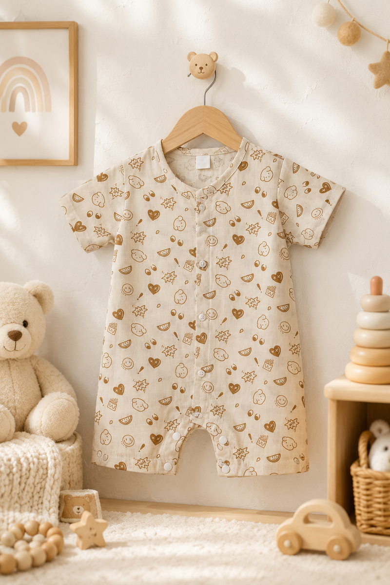 Beige Bear | Short Sleeves | Unisex Romper Bodysuit | 100% Cotton Muslin for 0 to 2 Yrs