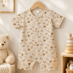 Beige Bear | Short Sleeves | Unisex Romper Bodysuit | 100% Cotton Muslin for 0 to 2 Yrs