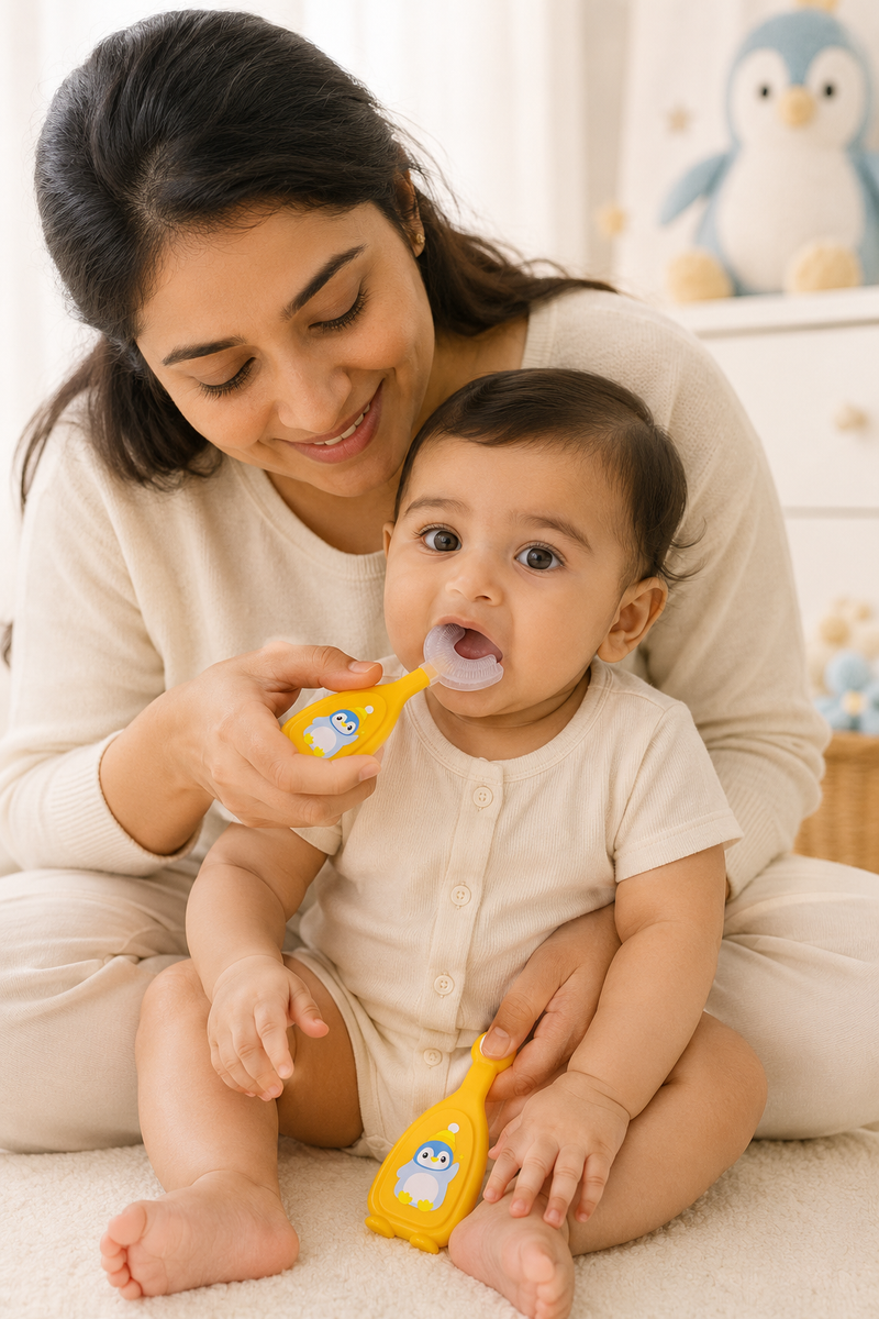 Soft Tooth Brush and Tongue Cleaner - Orange Penguin