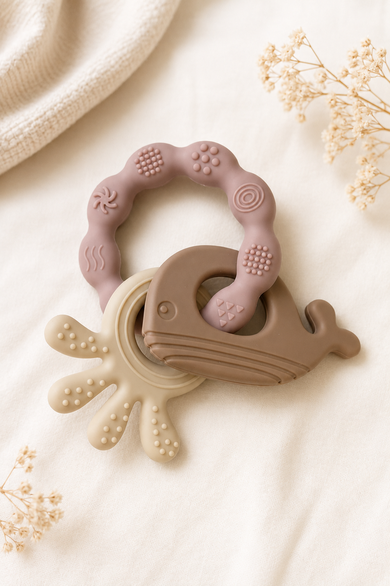 Pink Loop | Baby Teethers for 6 to 12 Months, BPA & PVC Free. Soft Silicone Teething Toy Set with Textured Sensory Shapes, Easy-Grip Design, and Gentle Gum Relief for Everyday Use.