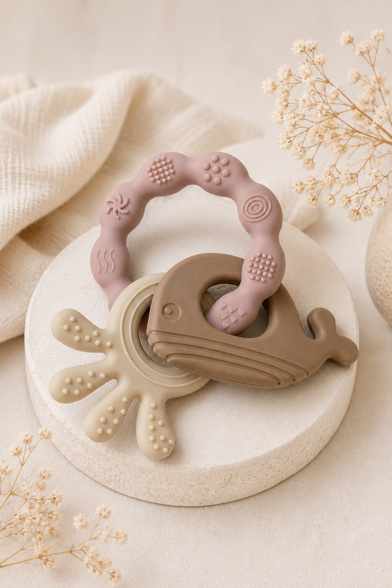 Pink Loop | Baby Teethers for 6 to 12 Months, BPA & PVC Free. Soft Silicone Teething Toy Set with Textured Sensory Shapes, Easy-Grip Design, and Gentle Gum Relief for Everyday Use.