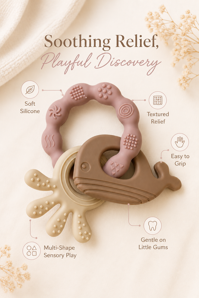 Pink Loop | Baby Teethers for 6 to 12 Months, BPA & PVC Free. Soft Silicone Teething Toy Set with Textured Sensory Shapes, Easy-Grip Design, and Gentle Gum Relief for Everyday Use.