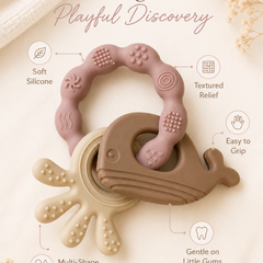 Pink Loop | Baby Teethers for 6 to 12 Months, BPA & PVC Free. Soft Silicone Teething Toy Set with Textured Sensory Shapes, Easy-Grip Design, and Gentle Gum Relief for Everyday Use.