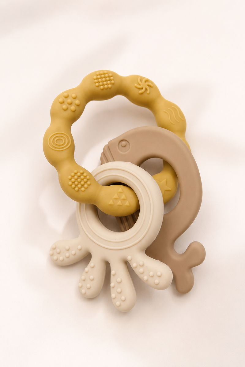 Yellow Loop | Baby Teethers for 6 to 12 Months, BPA & PVC Free. Soft Silicone Teething Toy Set with Textured Sensory Shapes, Easy-Grip Design, and Gentle Gum Relief for Everyday Use.