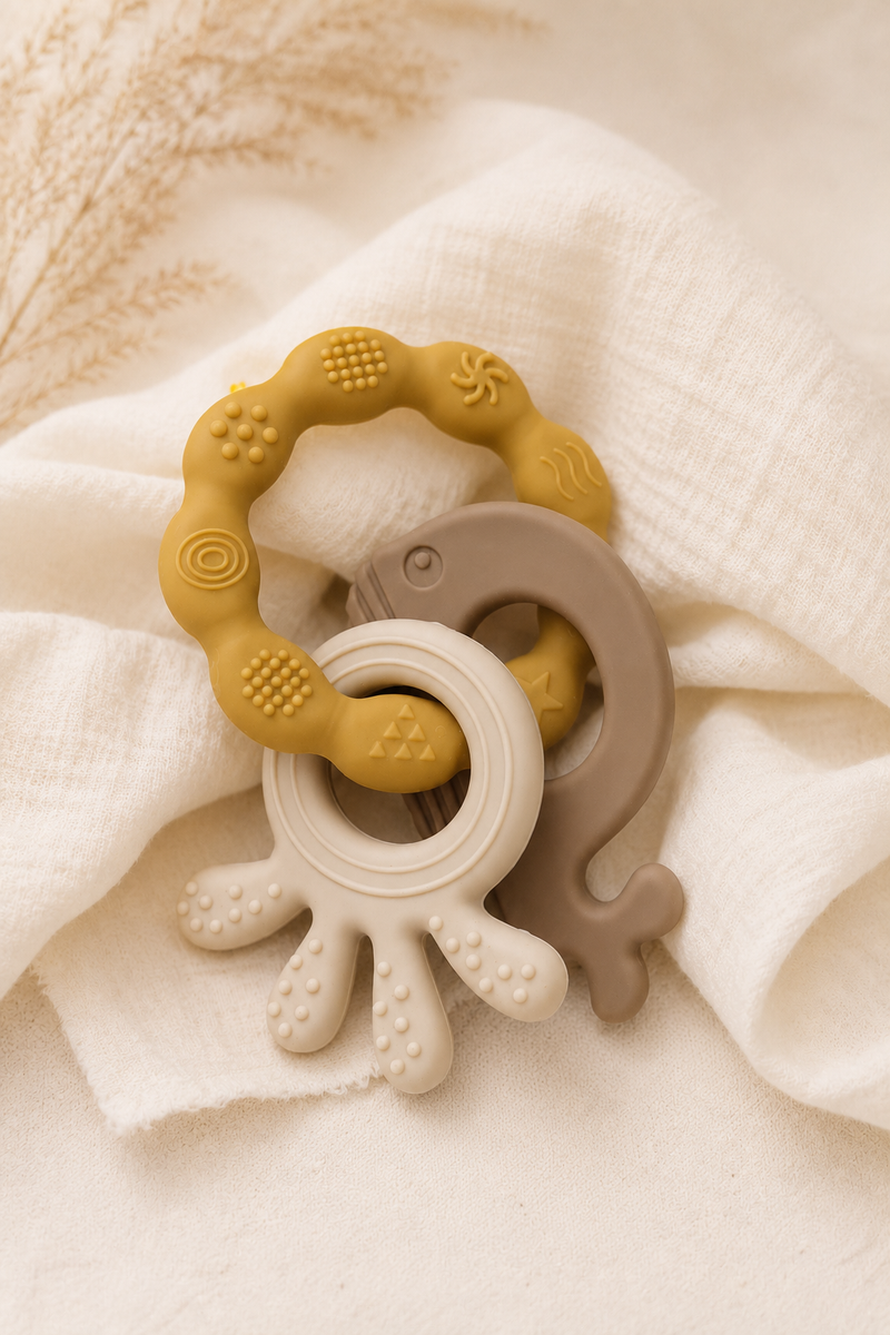 Yellow Loop | Baby Teethers for 6 to 12 Months, BPA & PVC Free. Soft Silicone Teething Toy Set with Textured Sensory Shapes, Easy-Grip Design, and Gentle Gum Relief for Everyday Use.
