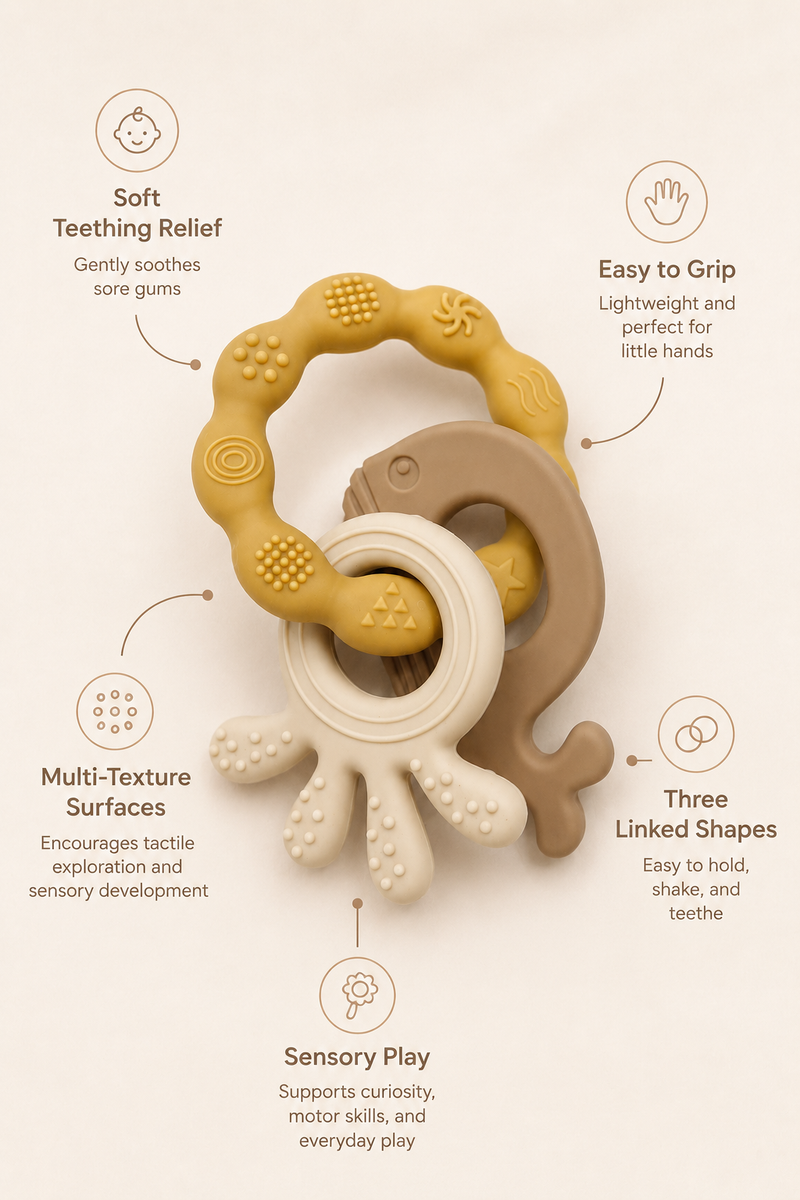 Yellow Loop | Baby Teethers for 6 to 12 Months, BPA & PVC Free. Soft Silicone Teething Toy Set with Textured Sensory Shapes, Easy-Grip Design, and Gentle Gum Relief for Everyday Use.