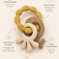 Yellow Loop | Baby Teethers for 6 to 12 Months, BPA & PVC Free. Soft Silicone Teething Toy Set with Textured Sensory Shapes, Easy-Grip Design, and Gentle Gum Relief for Everyday Use.