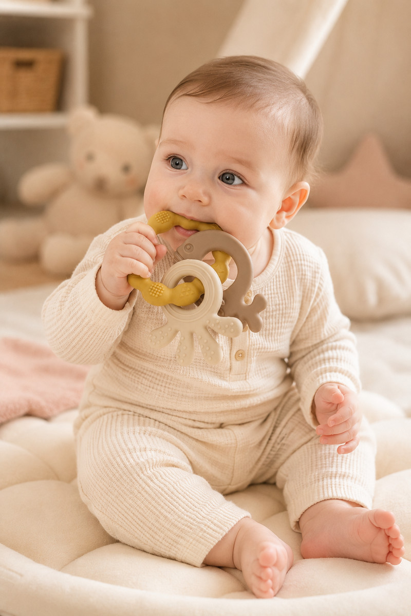 Yellow Loop | Baby Teethers for 6 to 12 Months, BPA & PVC Free. Soft Silicone Teething Toy Set with Textured Sensory Shapes, Easy-Grip Design, and Gentle Gum Relief for Everyday Use.