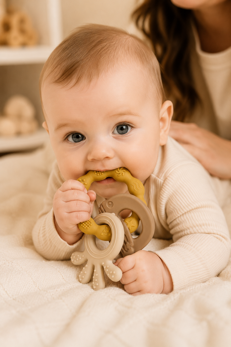 Yellow Loop | Baby Teethers for 6 to 12 Months, BPA & PVC Free. Soft Silicone Teething Toy Set with Textured Sensory Shapes, Easy-Grip Design, and Gentle Gum Relief for Everyday Use.