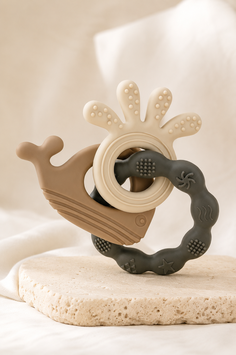 Gray Loop | Baby Teethers for 6 to 12 Months, BPA & PVC Free. Soft Silicone Teething Toy Set with Textured Sensory Shapes, Easy-Grip Design, and Gentle Gum Relief for Everyday Use.