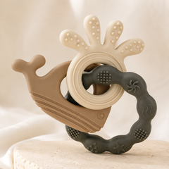 Gray Loop | Baby Teethers for 6 to 12 Months, BPA & PVC Free. Soft Silicone Teething Toy Set with Textured Sensory Shapes, Easy-Grip Design, and Gentle Gum Relief for Everyday Use.