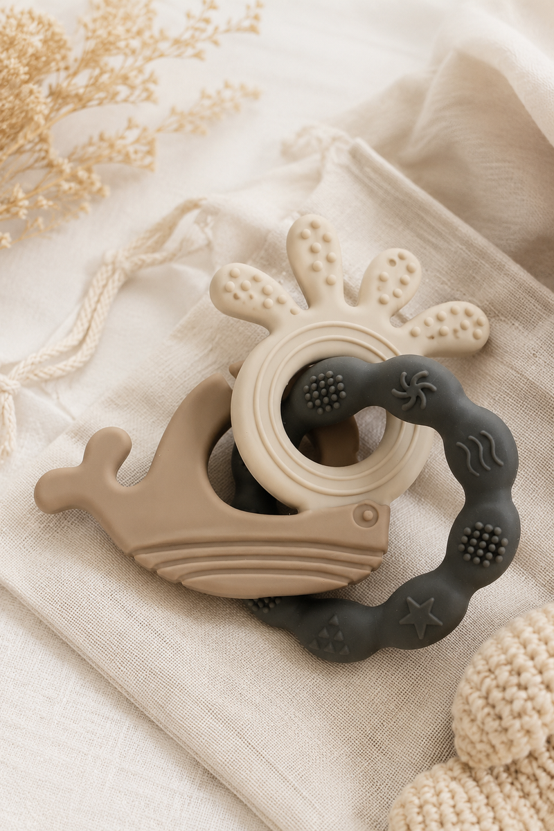 Gray Loop | Baby Teethers for 6 to 12 Months, BPA & PVC Free. Soft Silicone Teething Toy Set with Textured Sensory Shapes, Easy-Grip Design, and Gentle Gum Relief for Everyday Use.