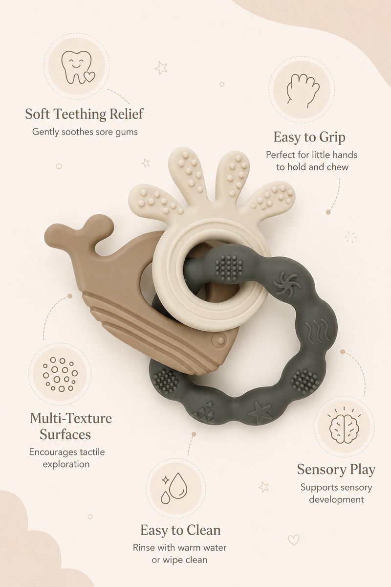 Gray Loop | Baby Teethers for 6 to 12 Months, BPA & PVC Free. Soft Silicone Teething Toy Set with Textured Sensory Shapes, Easy-Grip Design, and Gentle Gum Relief for Everyday Use.