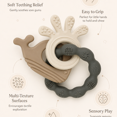 Gray Loop | Baby Teethers for 6 to 12 Months, BPA & PVC Free. Soft Silicone Teething Toy Set with Textured Sensory Shapes, Easy-Grip Design, and Gentle Gum Relief for Everyday Use.