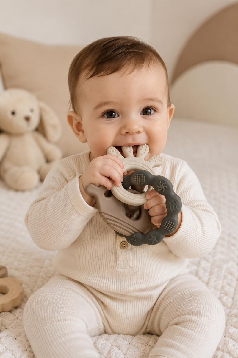 Gray Loop | Baby Teethers for 6 to 12 Months, BPA & PVC Free. Soft Silicone Teething Toy Set with Textured Sensory Shapes, Easy-Grip Design, and Gentle Gum Relief for Everyday Use.