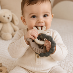 Gray Loop | Baby Teethers for 6 to 12 Months, BPA & PVC Free. Soft Silicone Teething Toy Set with Textured Sensory Shapes, Easy-Grip Design, and Gentle Gum Relief for Everyday Use.