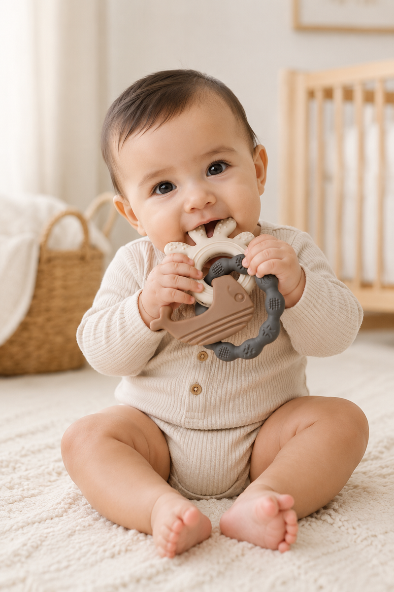 Gray Loop | Baby Teethers for 6 to 12 Months, BPA & PVC Free. Soft Silicone Teething Toy Set with Textured Sensory Shapes, Easy-Grip Design, and Gentle Gum Relief for Everyday Use.
