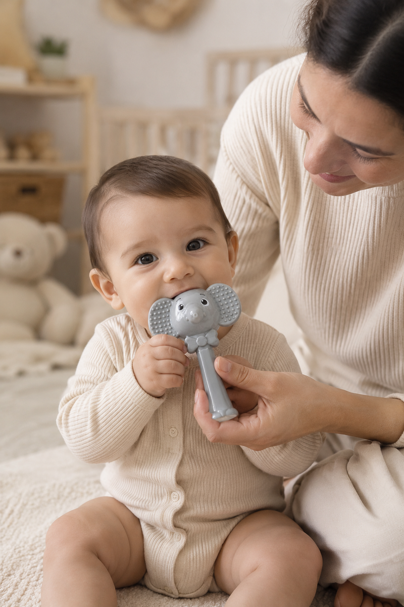 Elephant Rattle | Baby Teethers for 6 to 12 Months, BPA & PVC Free. Soft Silicone Teething Toy Set with Textured Sensory Shapes, Easy-Grip Design, and Gentle Gum Relief for Everyday Use. (Copy)