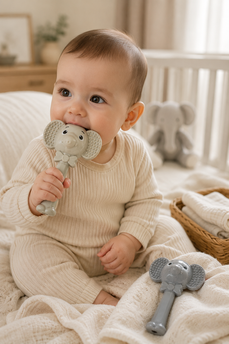 Elephant Rattle | Baby Teethers for 6 to 12 Months, BPA & PVC Free. Soft Silicone Teething Toy Set with Textured Sensory Shapes, Easy-Grip Design, and Gentle Gum Relief for Everyday Use. (Copy)