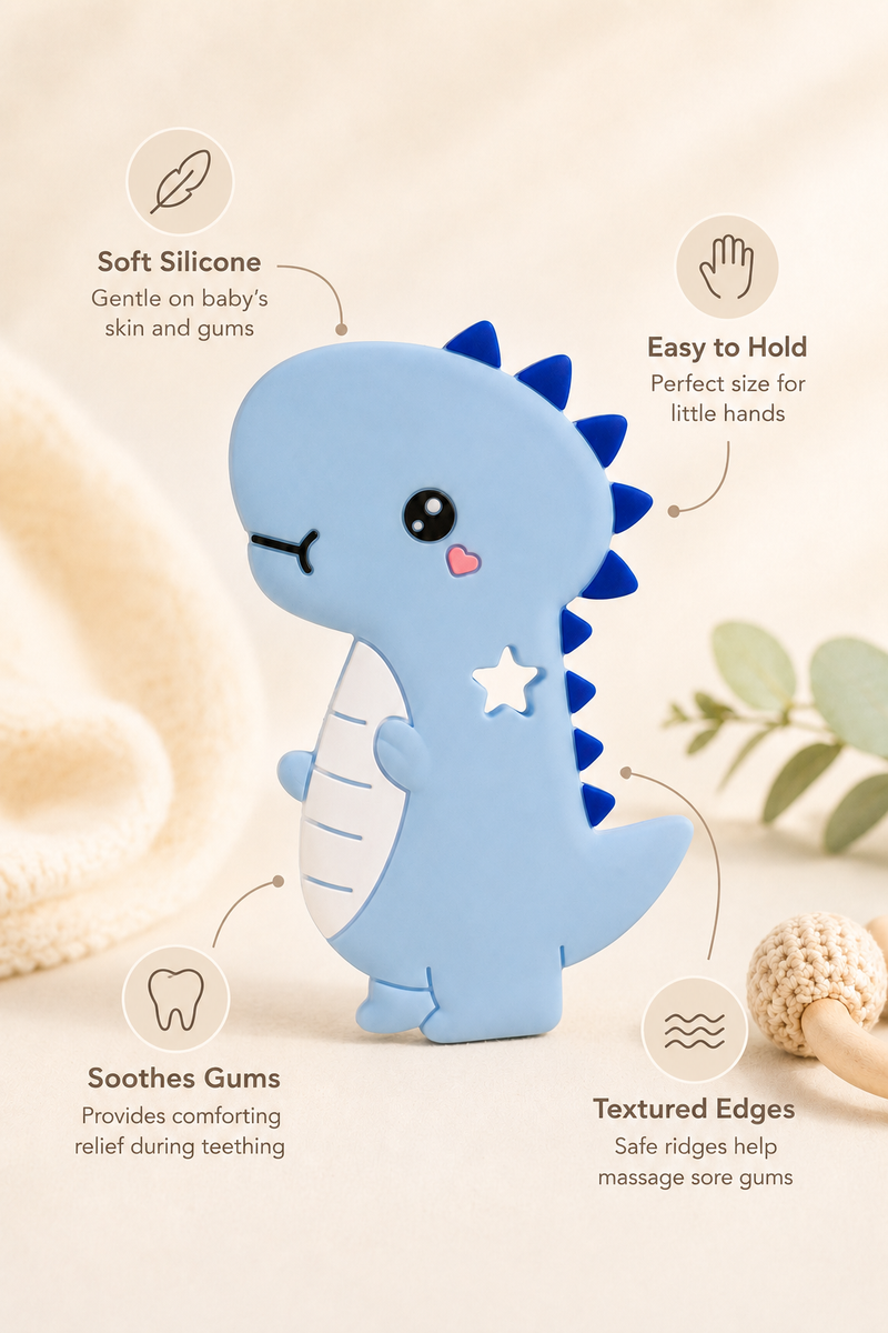 Blue Dino | Baby Teethers for 6 to 12 Months, BPA & PVC Free. Soft Silicone Teething Toy Set with Textured Sensory Shapes, Easy-Grip Design, and Gentle Gum Relief for Everyday Use.
