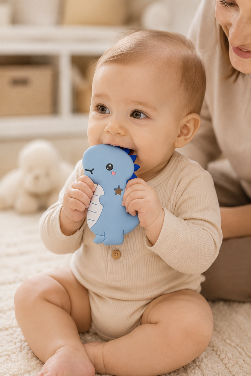 Blue Dino | Baby Teethers for 6 to 12 Months, BPA & PVC Free. Soft Silicone Teething Toy Set with Textured Sensory Shapes, Easy-Grip Design, and Gentle Gum Relief for Everyday Use.