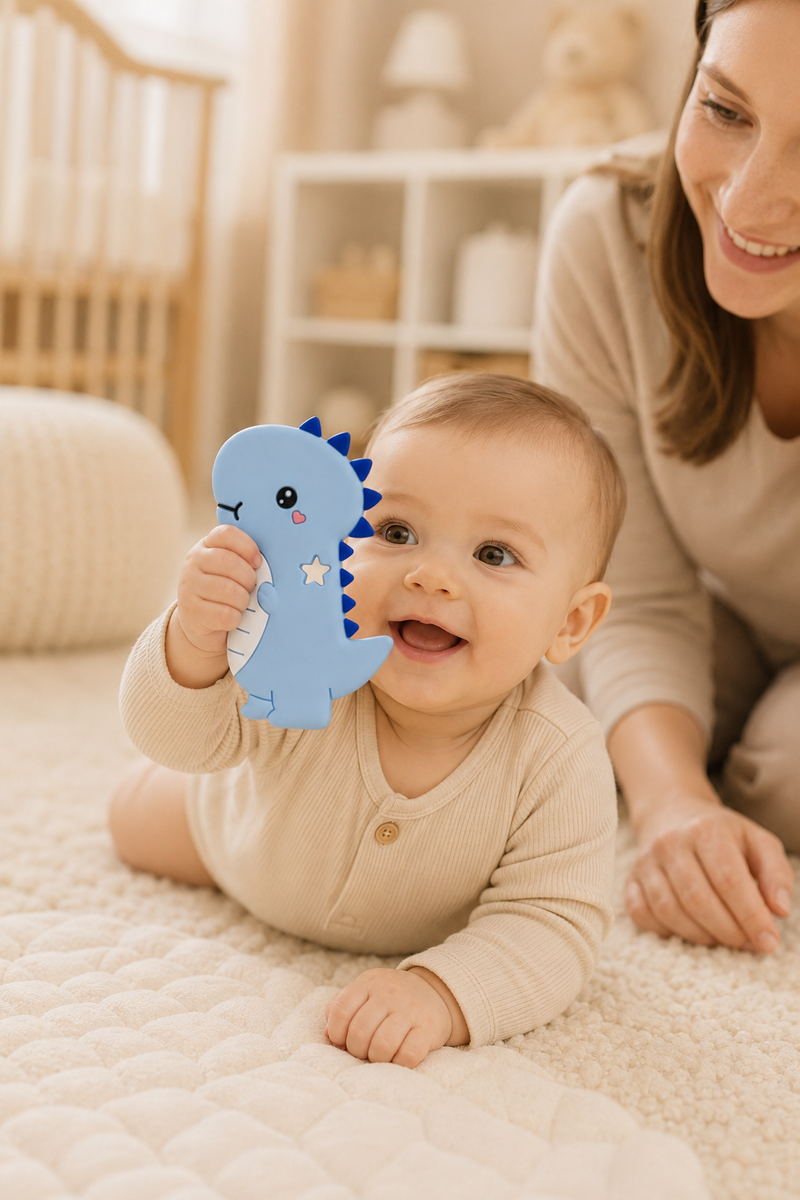 Blue Dino | Baby Teethers for 6 to 12 Months, BPA & PVC Free. Soft Silicone Teething Toy Set with Textured Sensory Shapes, Easy-Grip Design, and Gentle Gum Relief for Everyday Use.