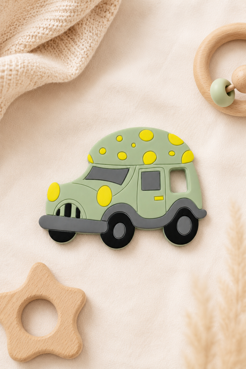 Green Car | Baby Teethers for 6 to 12 Months, BPA & PVC Free. Soft Silicone Teething Toy Set with Textured Sensory Shapes, Easy-Grip Design, and Gentle Gum Relief for Everyday Use.