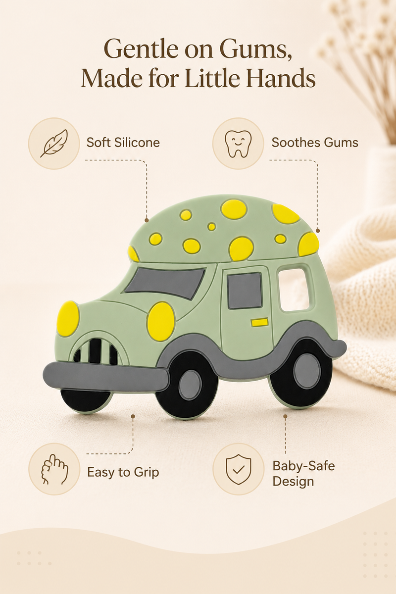Green Car | Baby Teethers for 6 to 12 Months, BPA & PVC Free. Soft Silicone Teething Toy Set with Textured Sensory Shapes, Easy-Grip Design, and Gentle Gum Relief for Everyday Use.