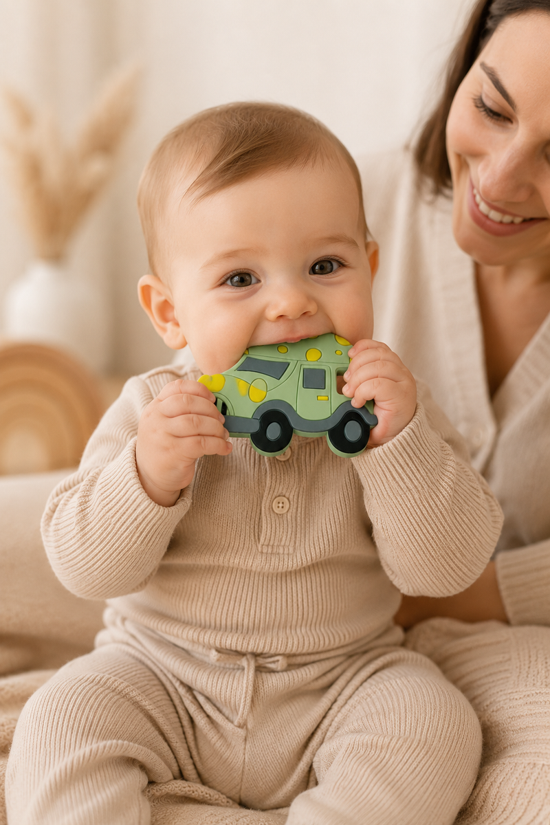 Green Car | Baby Teethers for 6 to 12 Months, BPA & PVC Free. Soft Silicone Teething Toy Set with Textured Sensory Shapes, Easy-Grip Design, and Gentle Gum Relief for Everyday Use.