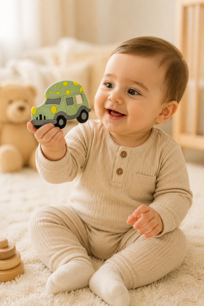 Green Car | Baby Teethers for 6 to 12 Months, BPA & PVC Free. Soft Silicone Teething Toy Set with Textured Sensory Shapes, Easy-Grip Design, and Gentle Gum Relief for Everyday Use.