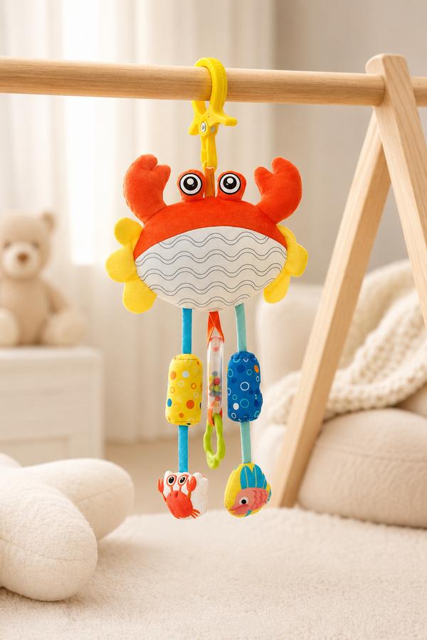 Soft Hanging Crinkle Rattle Sensory Toy for Babies with Teether (0–12 Months) - Crab