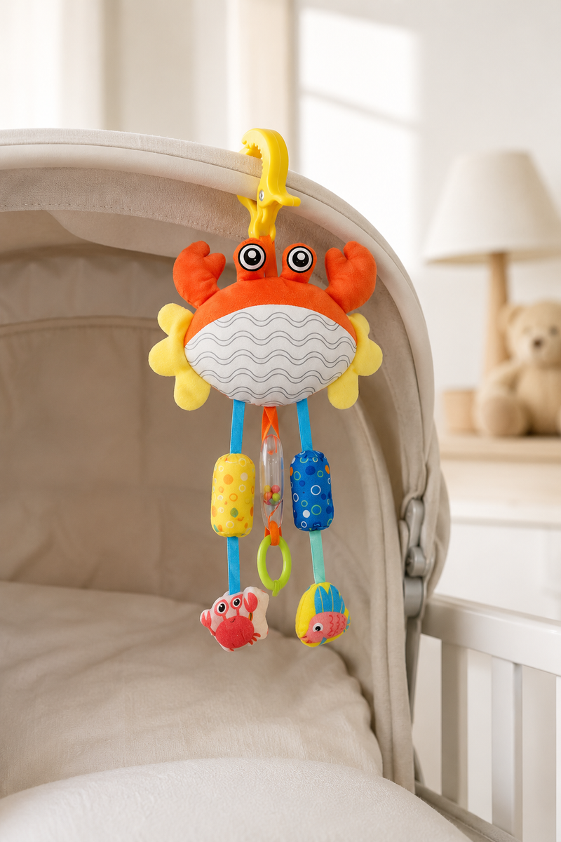 Soft Hanging Crinkle Rattle Sensory Toy for Babies with Teether (0–12 Months) - Crab