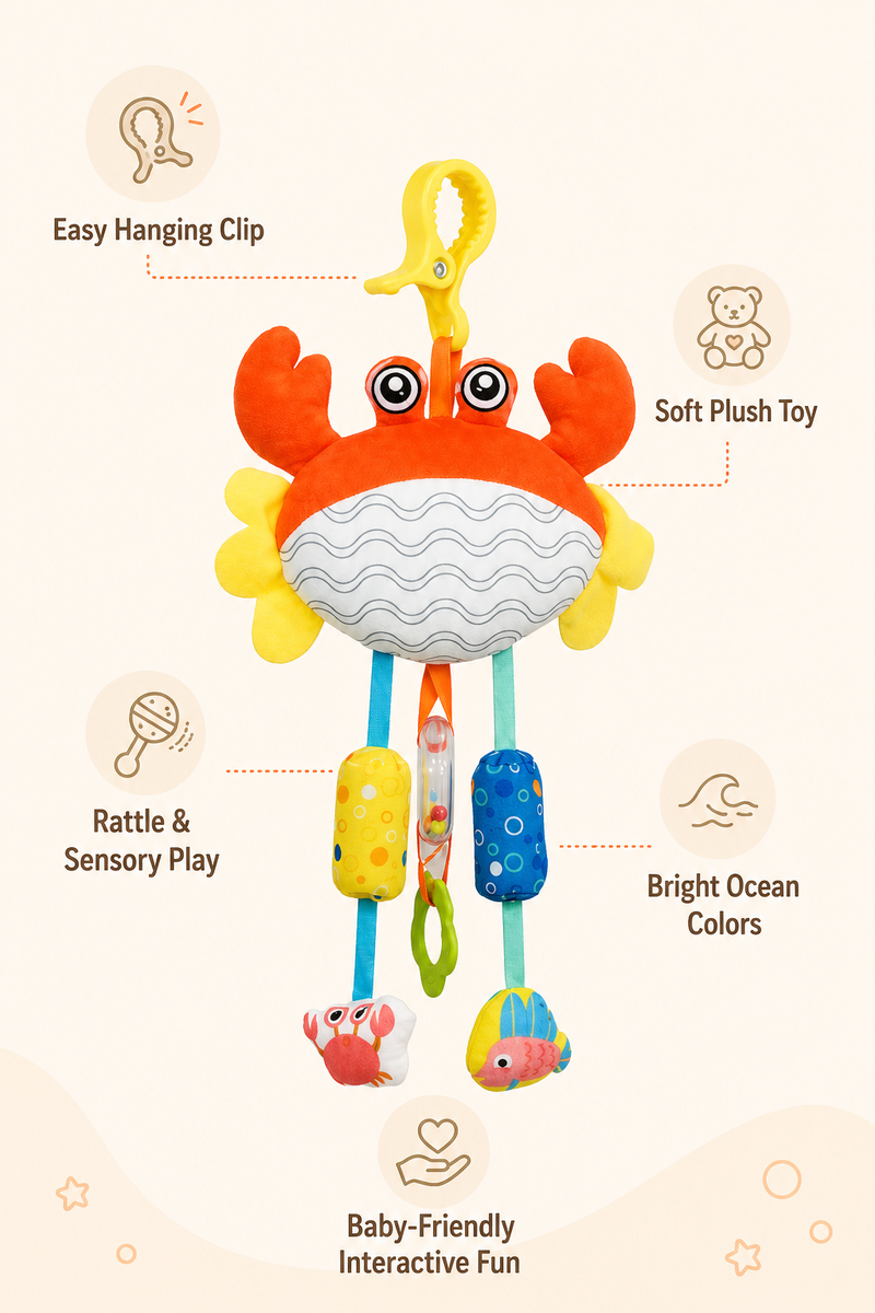 Soft Hanging Crinkle Rattle Sensory Toy for Babies with Teether (0–12 Months) - Crab