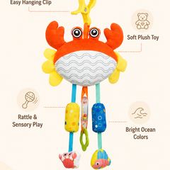 Soft Hanging Crinkle Rattle Sensory Toy for Babies with Teether (0–12 Months) - Crab