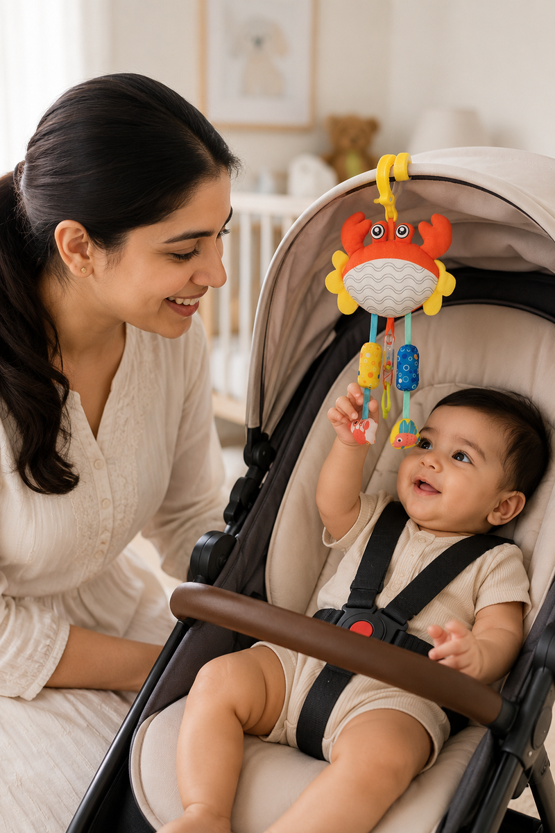 Soft Hanging Crinkle Rattle Sensory Toy for Babies with Teether (0–12 Months) - Crab