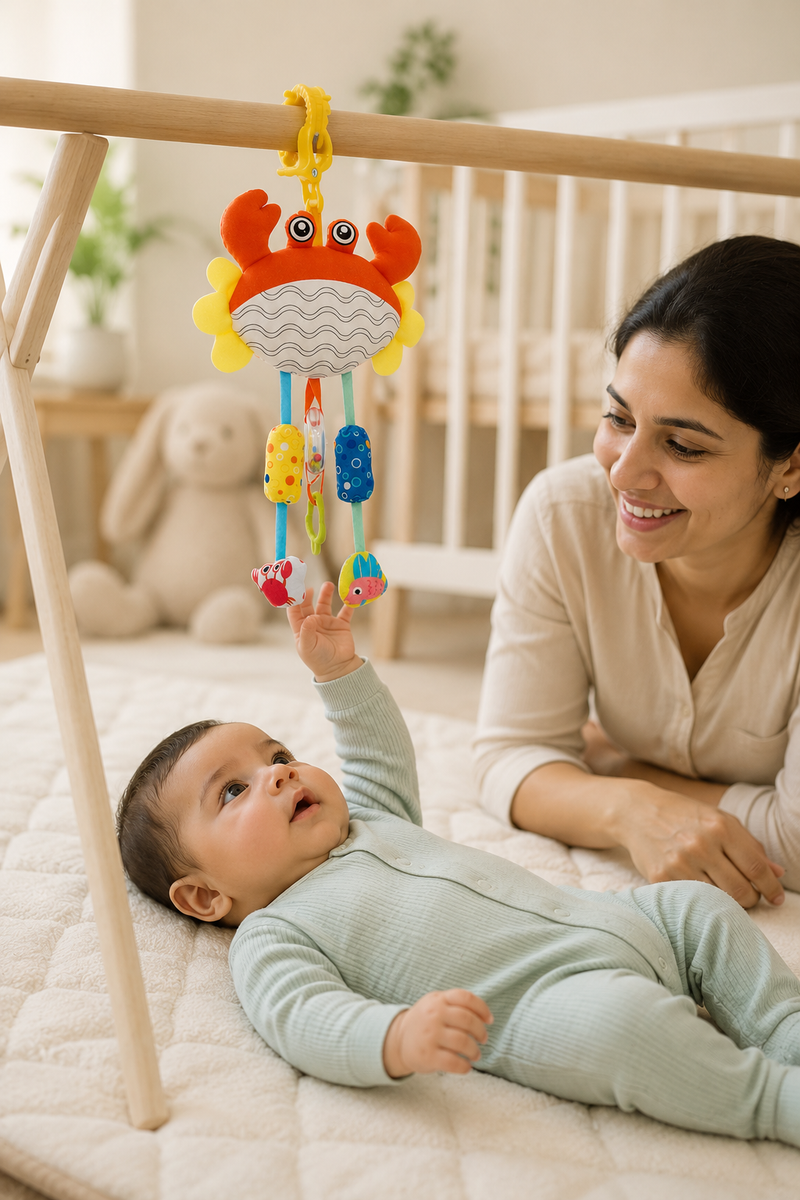 Soft Hanging Crinkle Rattle Sensory Toy for Babies with Teether (0–12 Months) - Crab