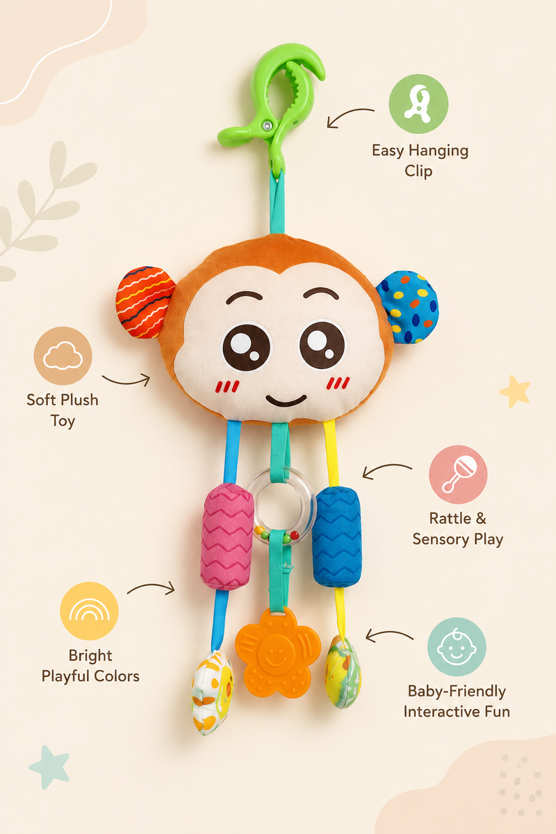 Soft Hanging Crinkle Rattle Sensory Toy for Babies with Teether (0–12 Months) - Monkey