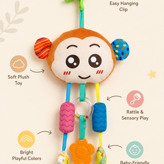 Soft Hanging Crinkle Rattle Sensory Toy for Babies with Teether (0–12 Months) - Monkey