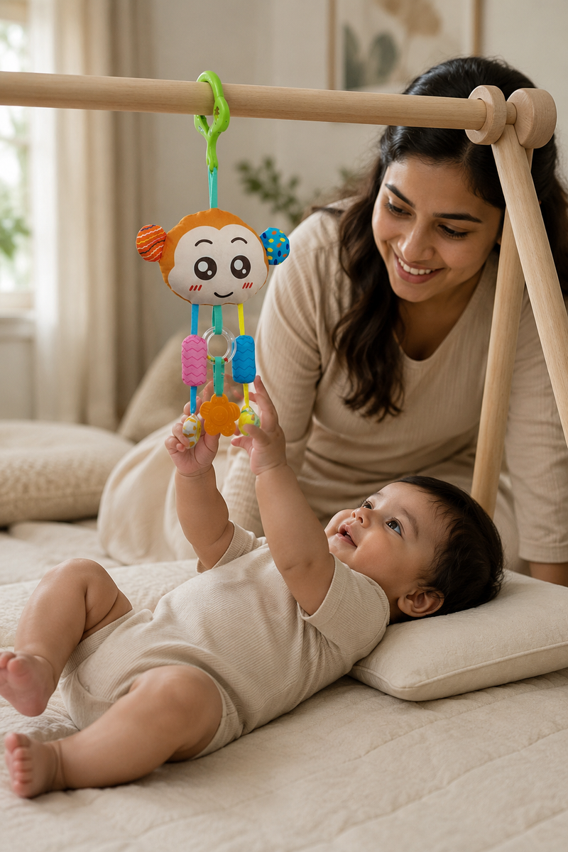 Soft Hanging Crinkle Rattle Sensory Toy for Babies with Teether (0–12 Months) - Monkey