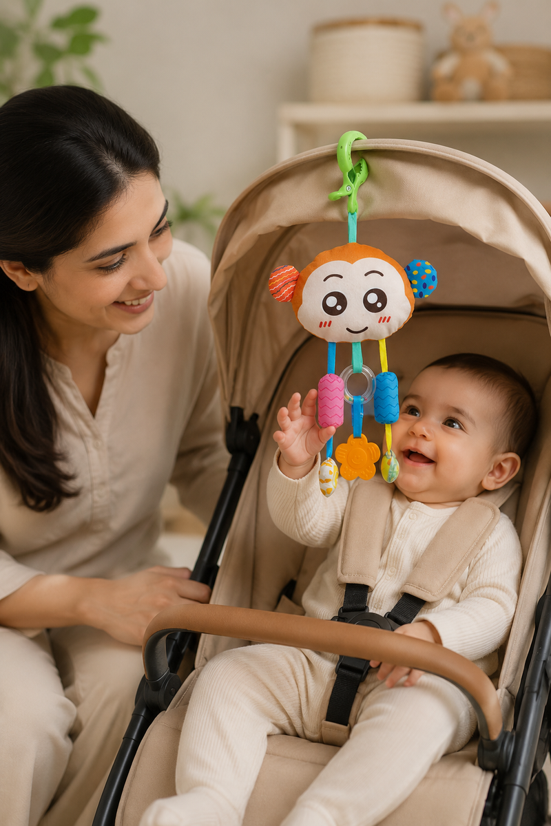 Soft Hanging Crinkle Rattle Sensory Toy for Babies with Teether (0–12 Months) - Monkey